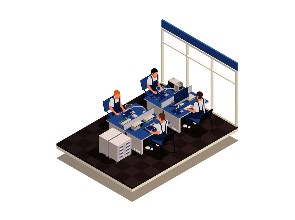 Изометрична векторна илюстрация на гаранционно обслужване с експертна група в офис интериор, работеща с повреждащи устройства на работното им място